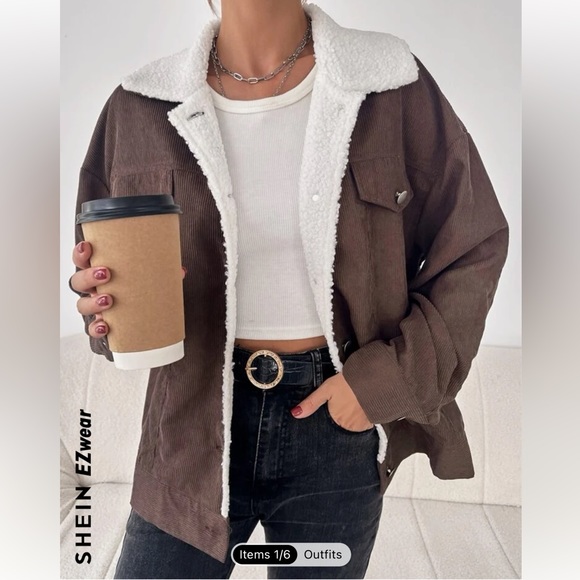 SHEIN Medium Teddy Lined Drop Shoulder Corduroy Jacket Coffee Brown Sherpa - Picture 2 of 8